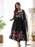 Evanik Black Soft Organza Silk With Floral Print Fully Flared Anarkali Pant With Dupatta Set | Grocsy