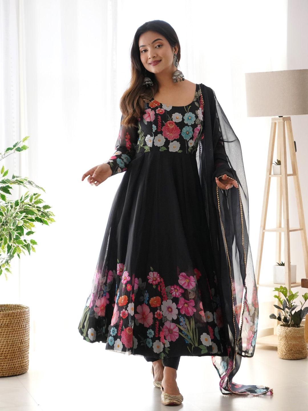 Evanik Black Soft Organza Silk With Floral Print Fully Flared Anarkali Pant With Dupatta Set | Grocsy