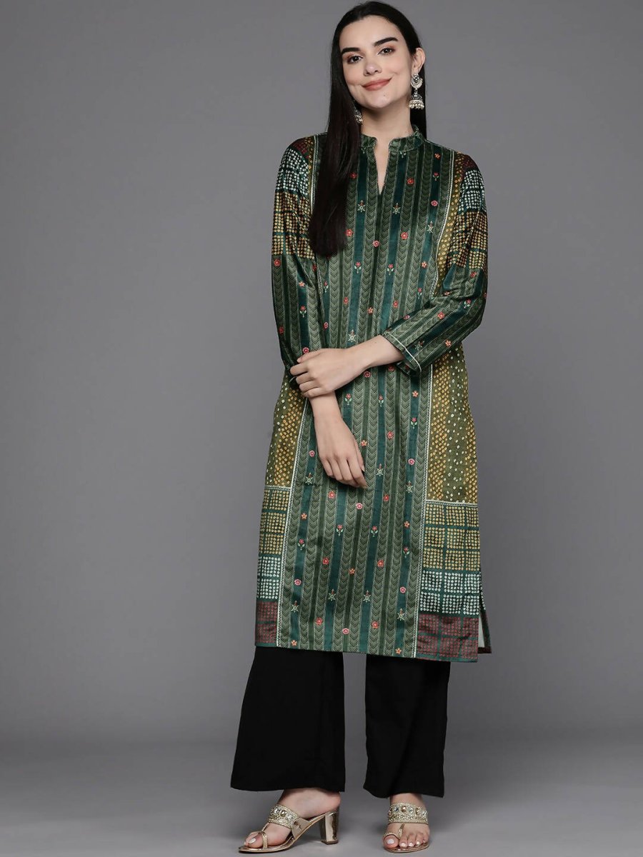 Ahalyaa Women Printed Gotta Patti Velvet Kurta - Green Color | Grocsy