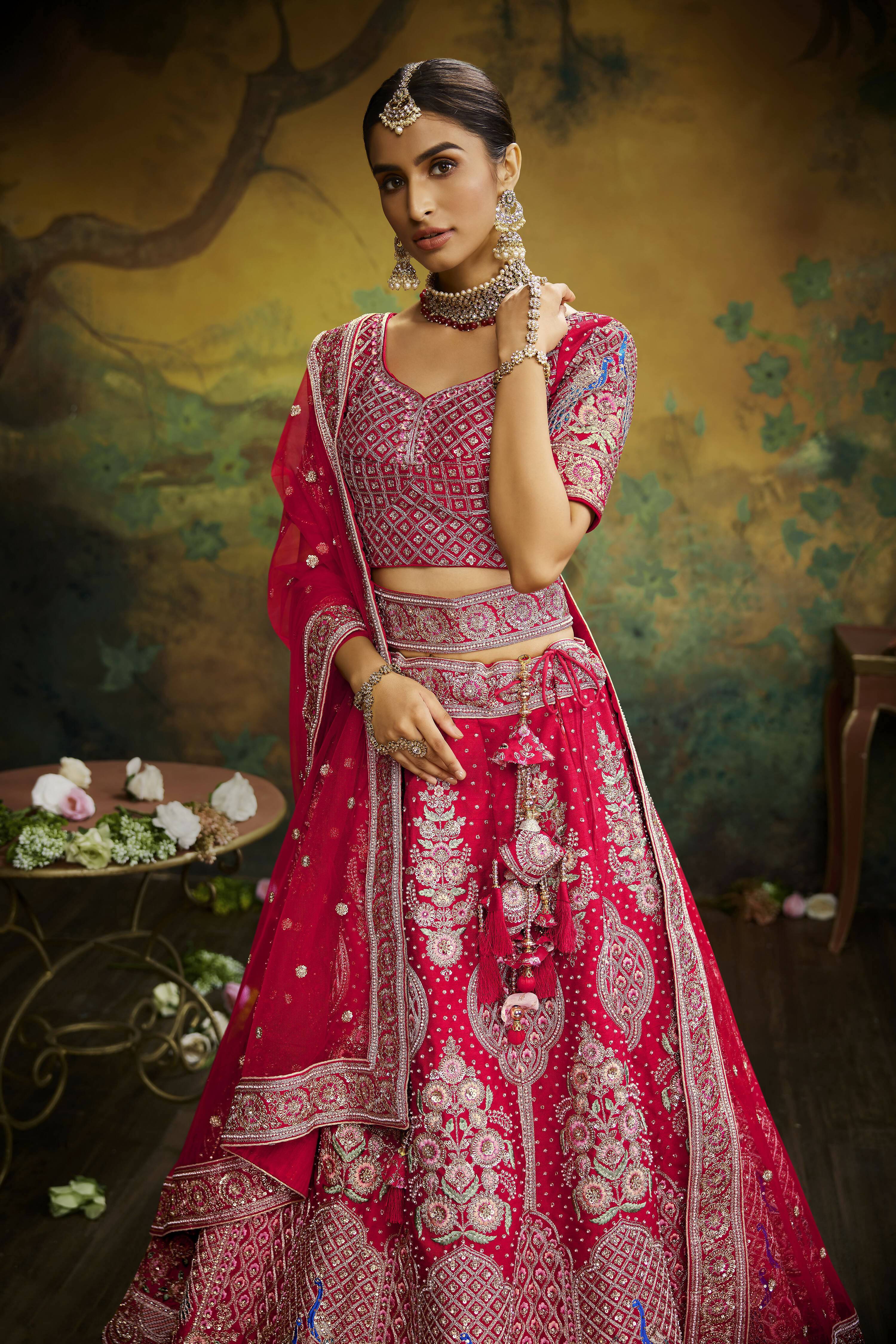House of Panchhi Red Pure Silk Moti & Zarkan heavy embroidery Lehenga choli & Dupatta | Grocsy