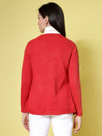 Women Red Acrylic Solid Cardigan - Wool Trees | Grocsy
