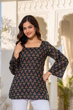 Jaitra Apparels Black Pure Cotton Printed Short Kurti With Back Lace Tie-ups | Grocsy