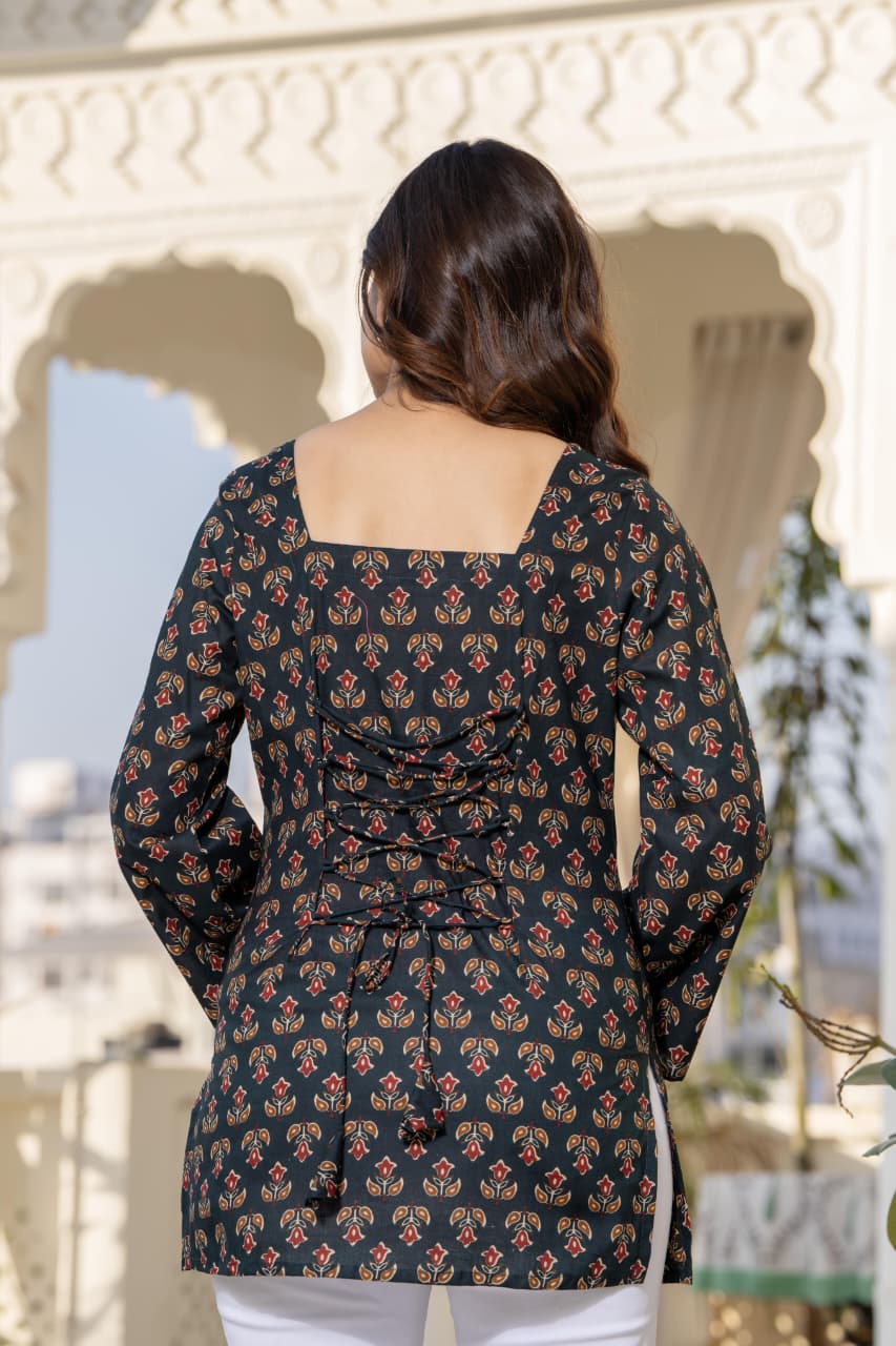 Jaitra Apparels Black Pure Cotton Printed Short Kurti With Back Lace Tie-ups | Grocsy