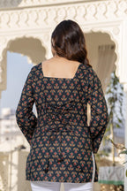Jaitra Apparels Black Pure Cotton Printed Short Kurti With Back Lace Tie-ups | Grocsy