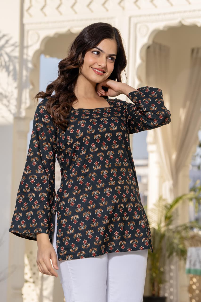 Jaitra Apparels Black Pure Cotton Printed Short Kurti With Back Lace Tie-ups | Grocsy