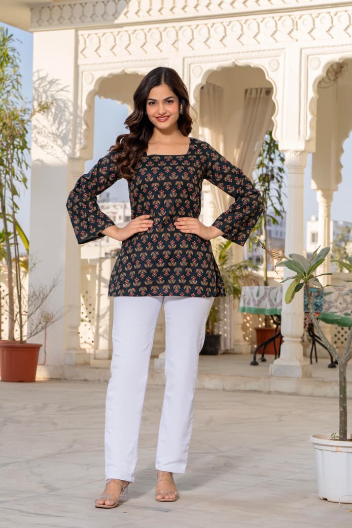Jaitra Apparels Black Pure Cotton Printed Short Kurti With Back Lace Tie-ups | Grocsy