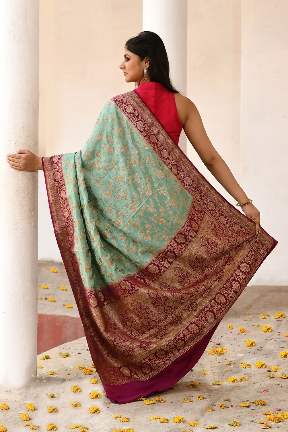 Joban Fashion Aqua Crepe Chiffon Pure Handloom Banarasi Silk Saree | Grocsy