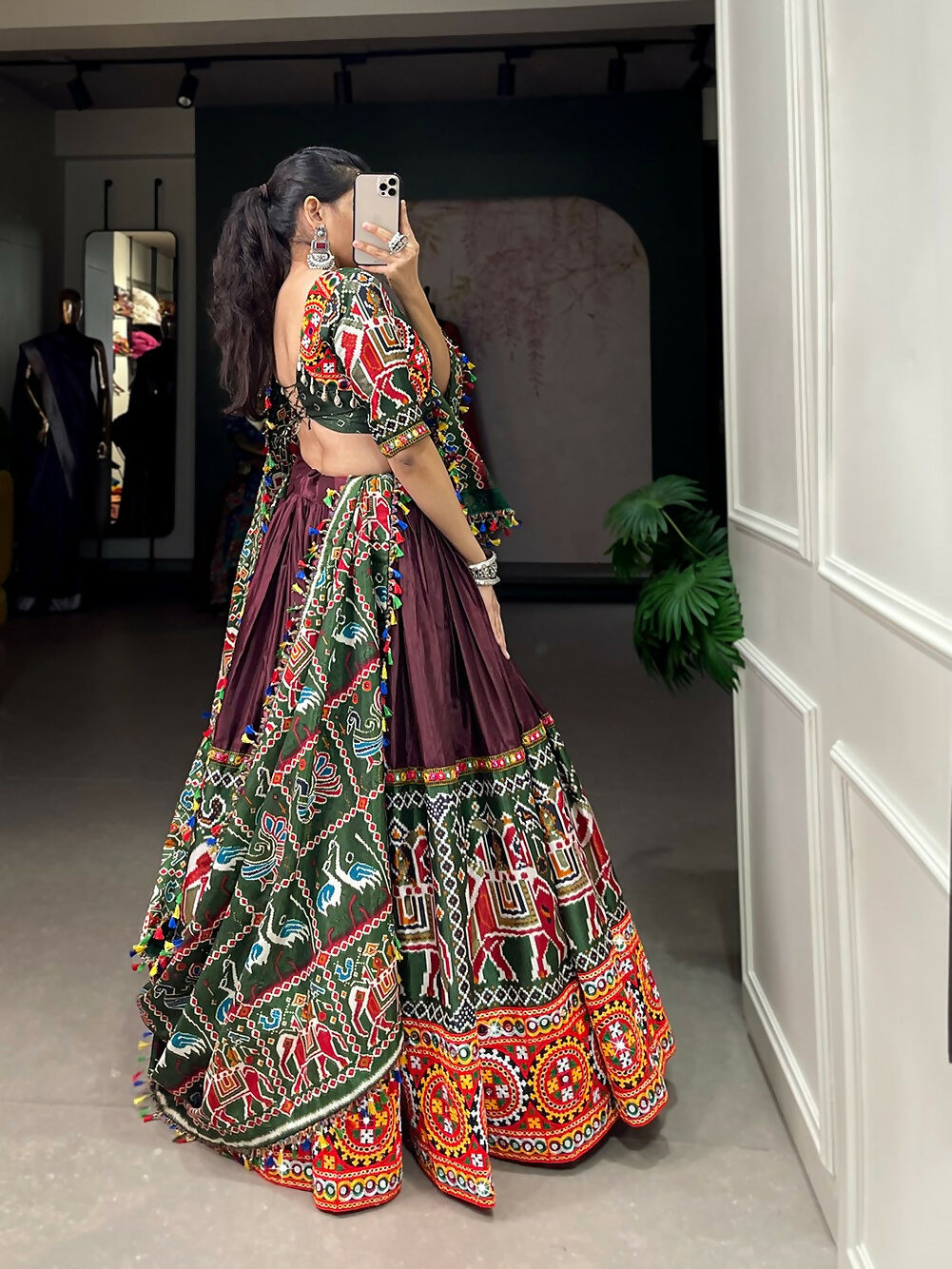 Vastranavya Traditional Patola Print With Gamthi & Mirror Work Lehenga Choli - Brown | Grocsy