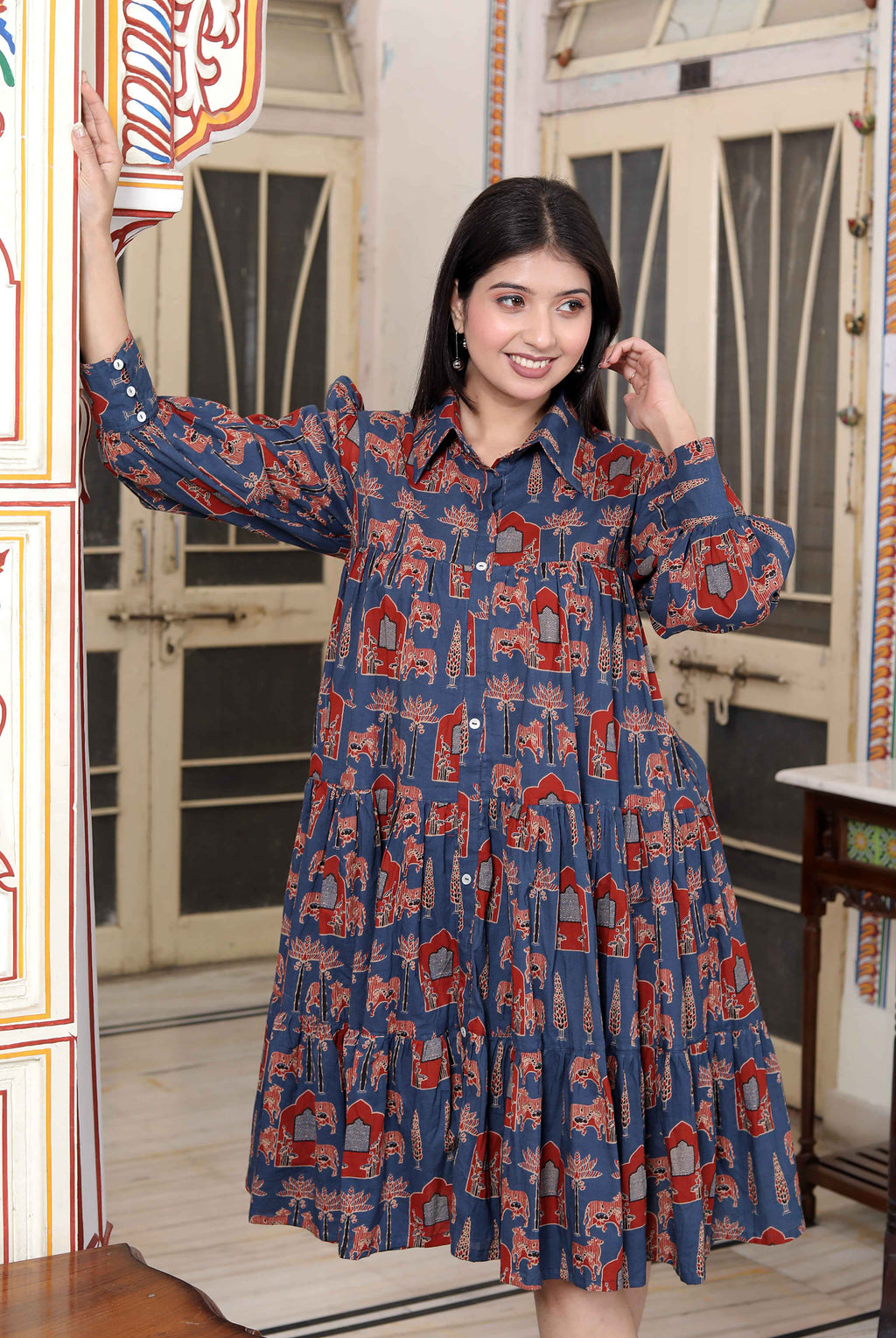 Miravan Women's Blue And Red Animal Print Pure Cotton Loose Fit Tiered A-Line Dress | Grocsy
