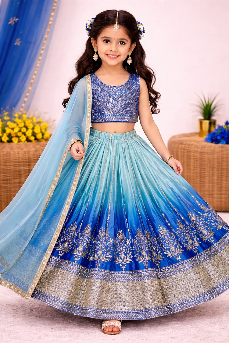 Evanik Blue Designer Chinon Silk Embroidered Work Wedding Lehenga Choli For Kids | Grocsy