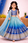 Evanik Blue Designer Chinon Silk Embroidered Work Wedding Lehenga Choli For Kids | Grocsy