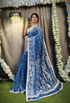 Exclusive Collection Beautiful Peacock Blue Jaal Jamdani Saree | Grocsy