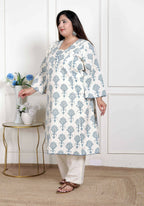 Miravan Women's Plus Size Off White Floral Printed Cotton Flex Kurta with Pant | Grocsy