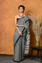 Very Much Indian Handloom Pure Cotton Saree With Sleek Border - Grey | Grocsy