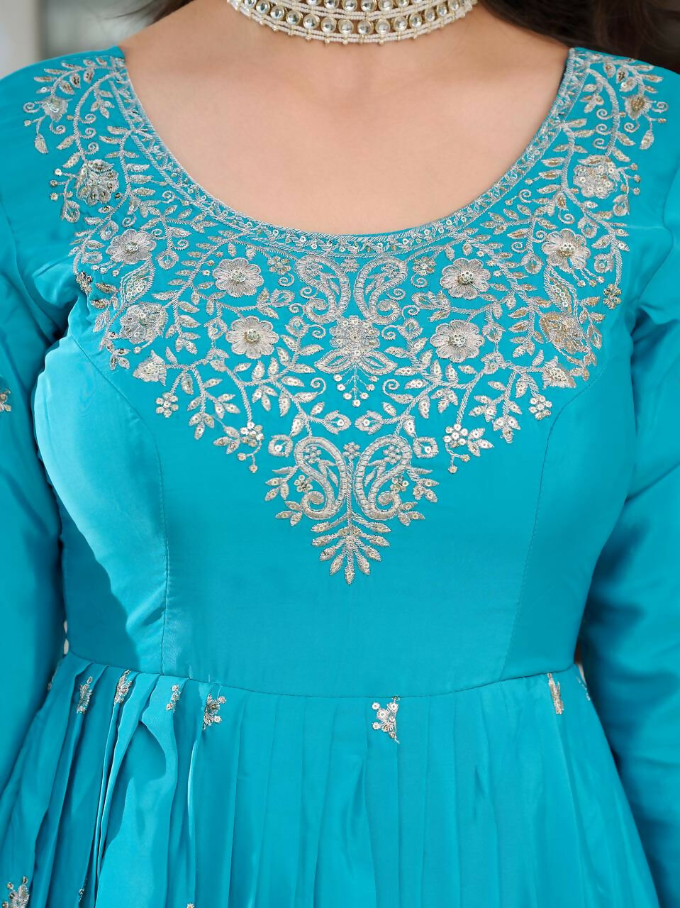 The52 Women's Beautiful American Silk Fabric Embroidery Work Flared Anarkali Pant and Dupatta Set | Grocsy