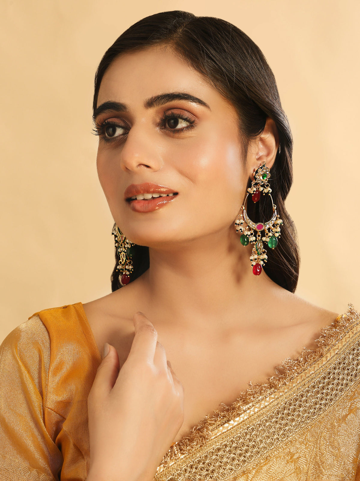 Nuyug 22K Gold Plated Crescent Kundan Drop Red Stone Chandbali Earrings | Grocsy