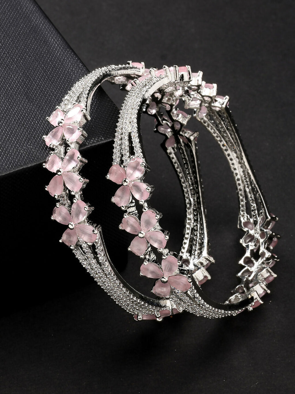 NVR Women's Set of 2 Silver-Plated American Diamond Handcrafted Bangles