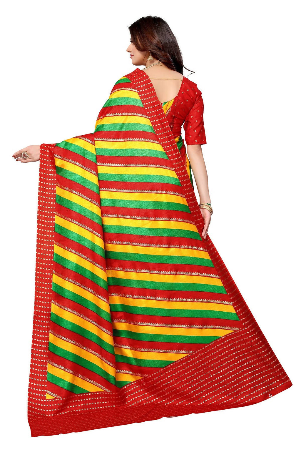 Vamika Ethnic Fire Red Foil Print Art Silk Saree | Grocsy