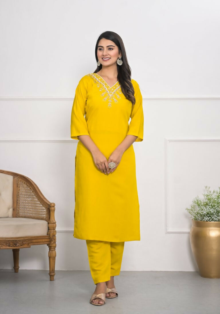 Yellow Viscose Silk Embroidery with Thread and sequence Stitched Suit With Dupatta - Tanisha | Grocsy