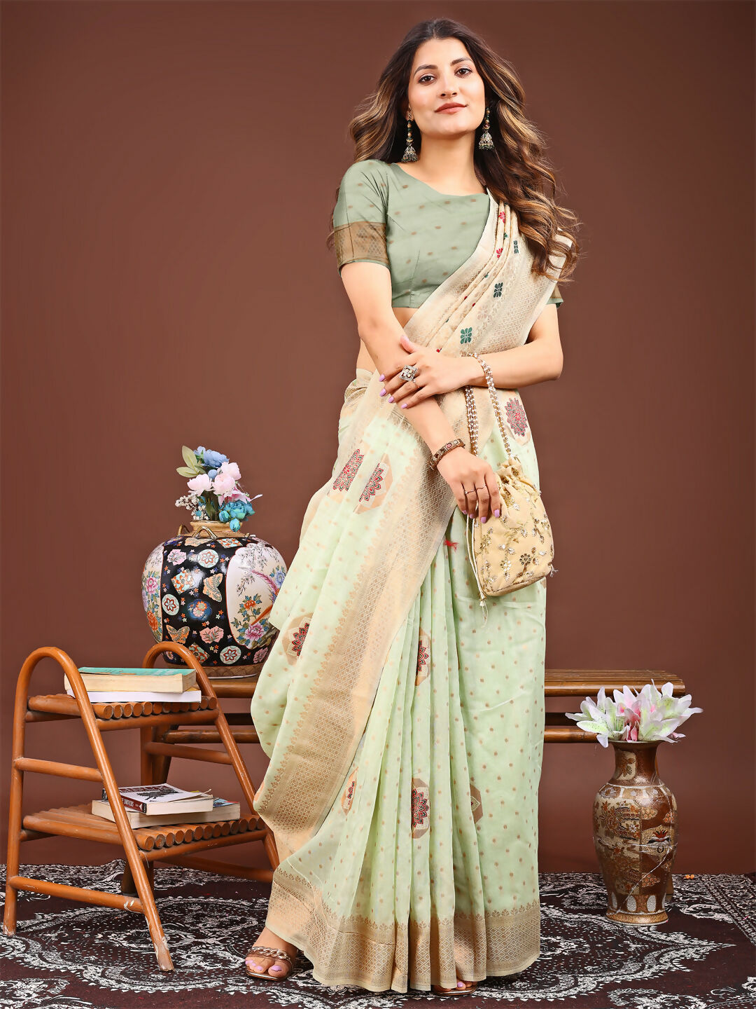 Shree Shyam Fashion Neerja Sea Green Linen Cotton Saree | Grocsy