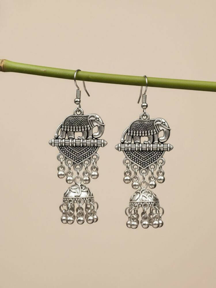 NVR Women Elephant Design German Silver Oxidised Jhumka Earrings | Grocsy