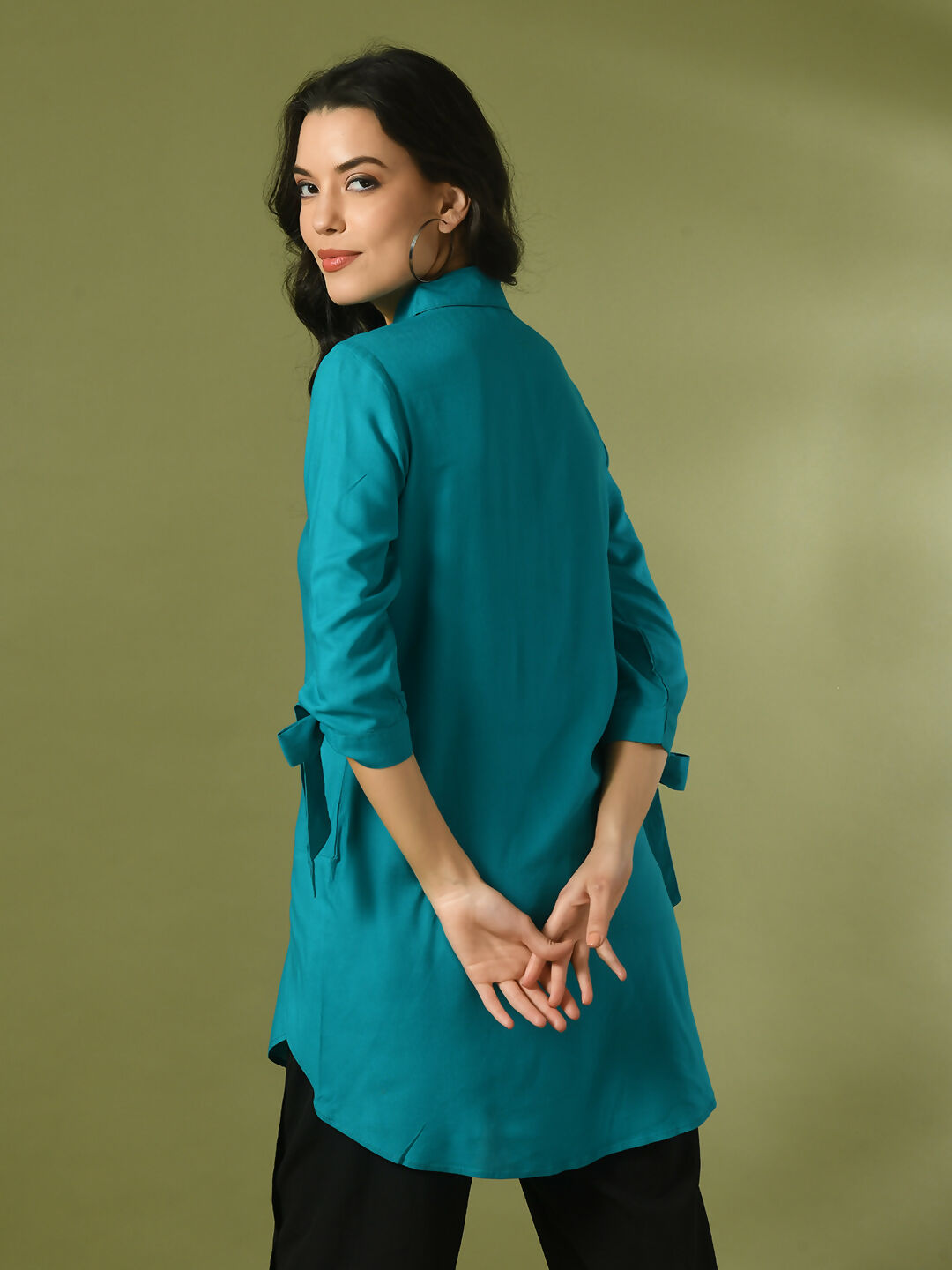 Myshka Women's Turquoise Blue Solid Cotton Longline Party Sheer Tunic | Grocsy