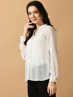 Myshka Women's White Georgette Solid Sheer Shirt | Grocsy