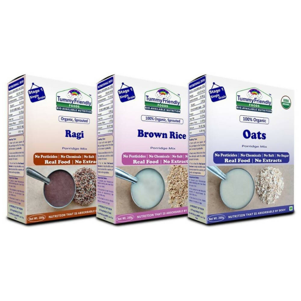 TummyFriendly Foods Organic Stage1 Sprouted Porridge Mixes Combo Pack - Sprouted Ragi, Sprouted Brown Rice and Oats | Grocsy