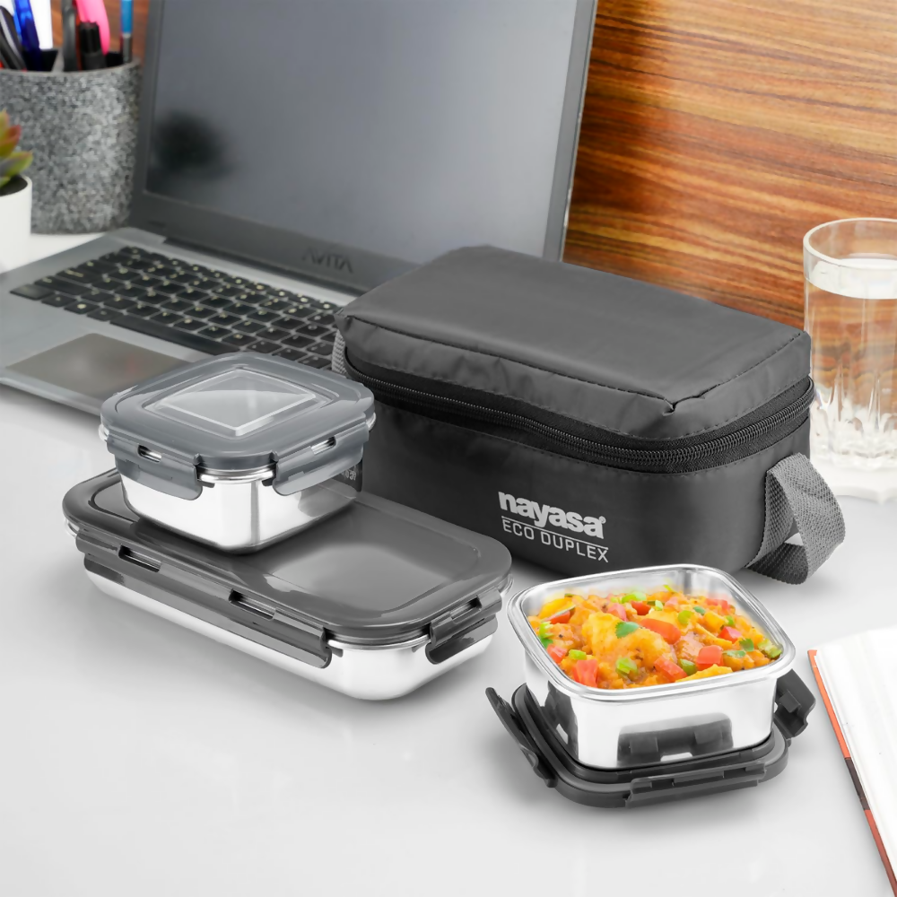 Nayasa Eco Duplex 3 Stainless Steel Office Lunch Box Set with Soft Insulated Bag | Grocsy