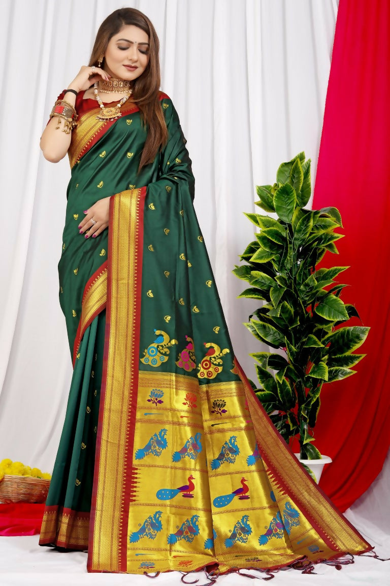 Jyoti Fashion Women's Bottle Green Paithani Silk Zari Woven Saree with Blouse | Grocsy