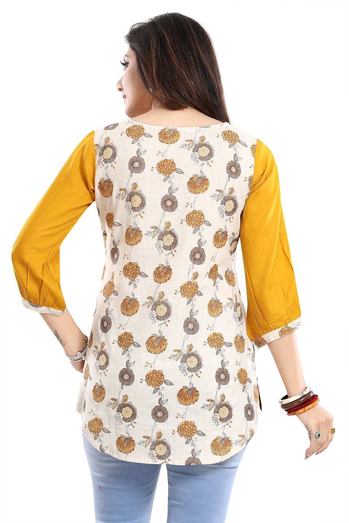 Snehal Creations Cream Cotton Printed Apple-Cut Short Tunic | Grocsy