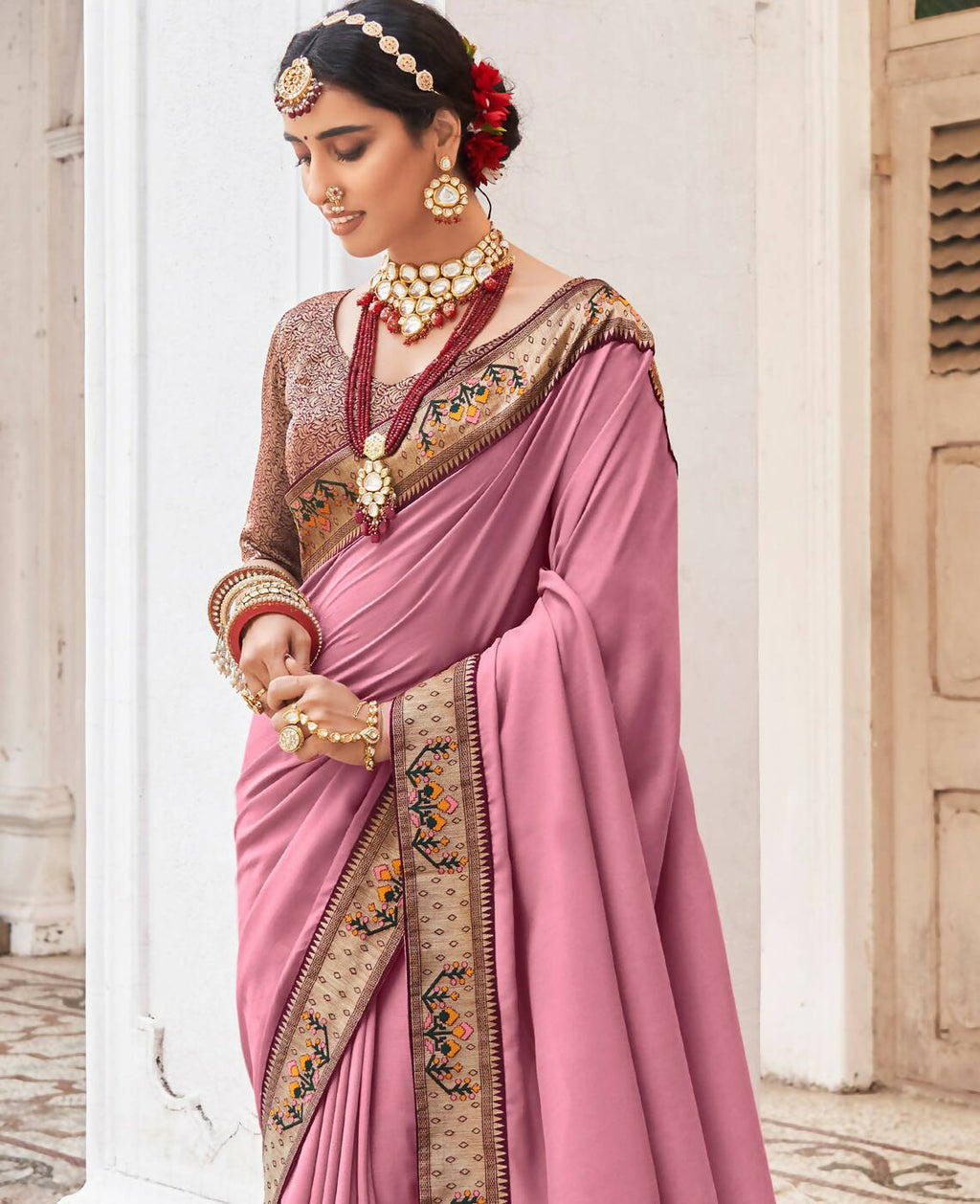 Pink Vichitra Solid Saree With Unstitched Blouse Piece - Juhi | Grocsy