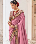 Pink Vichitra Solid Saree With Unstitched Blouse Piece - Juhi | Grocsy