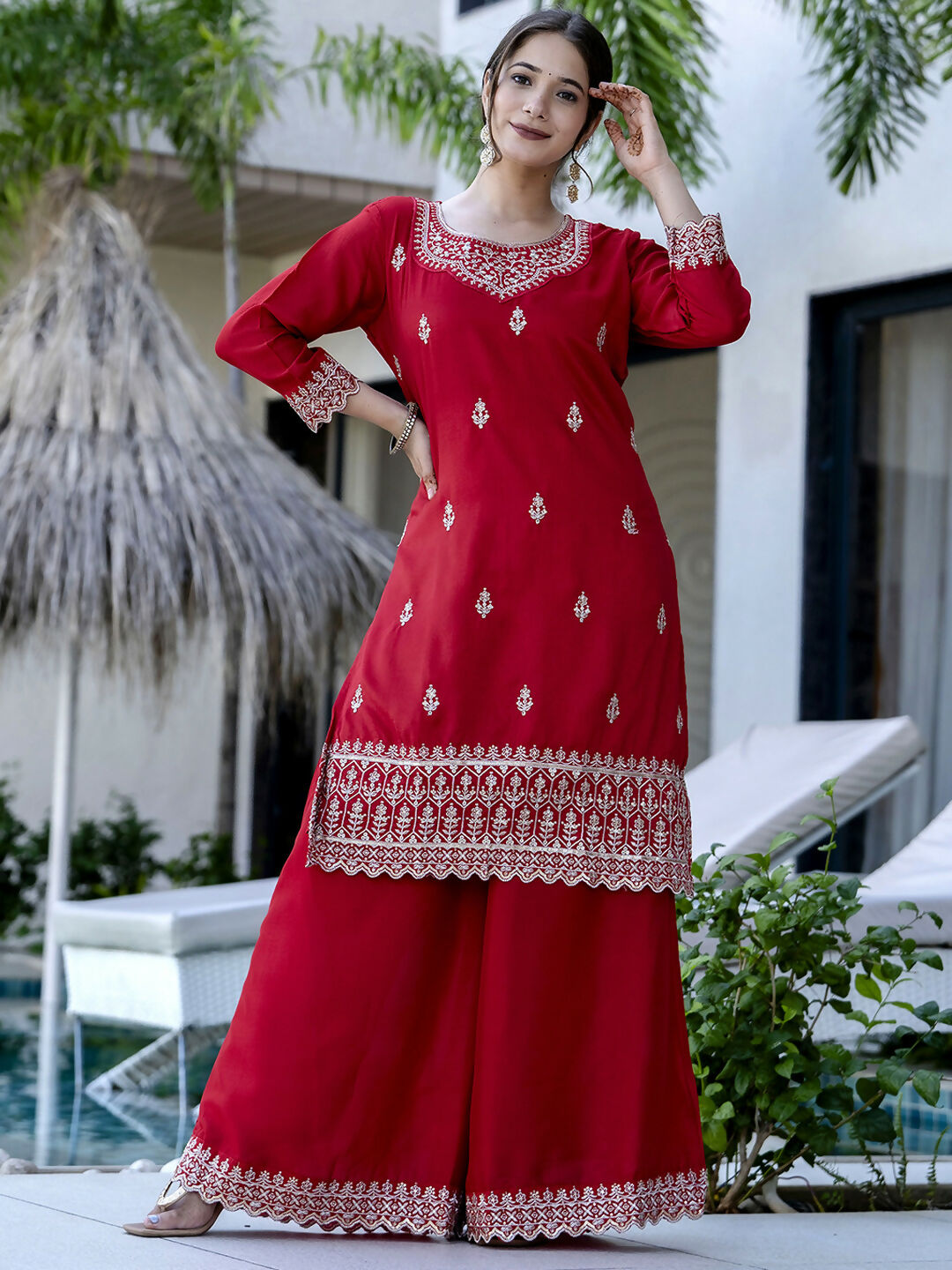 The52 Red Women's Gorgeous Embroidered Vichitra Silk Fabric Straight Kurta, Sharara and Dupatta Set | Grocsy