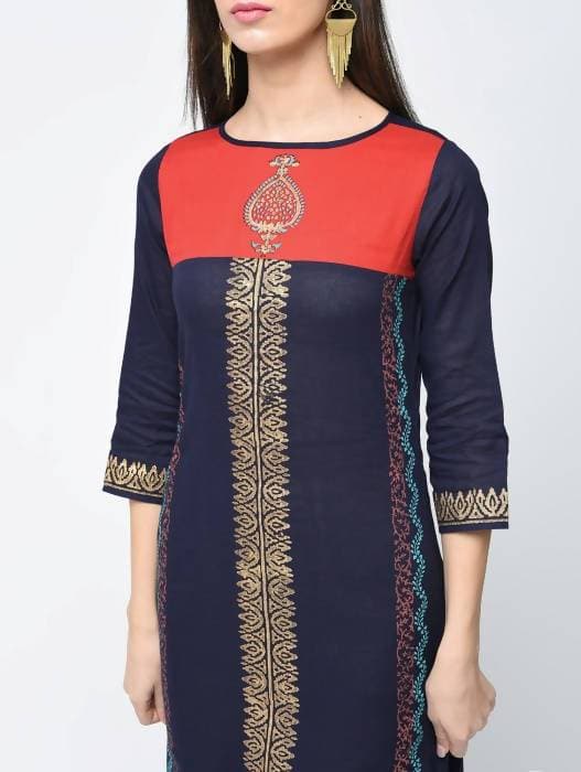 Aniyah Cotton Block Printed Stylish Blue Straight Kurta (AN-121K) | Grocsy