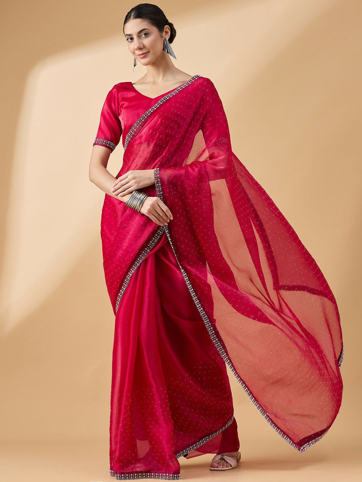 Pink Organza Swaroski Diamond Work Saree with Unstitched Blouse - Radha | Grocsy