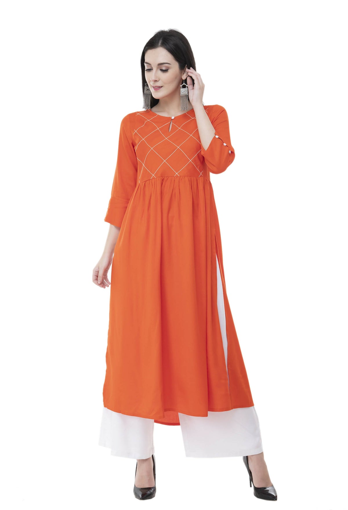 Women's Orange Thread Work Emb Kurti With Side Slits - G & A Apparels | Grocsy