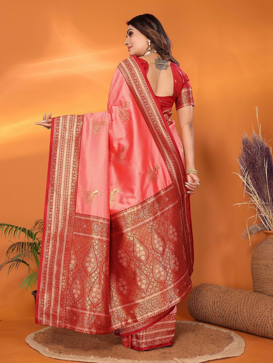 Joban Fashion Banarasi Peach Small Butti Soft Silk Saree | Grocsy