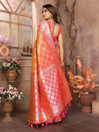 Anaita Orange kochi Silk With Beautiful Checks Weaving Saree With Blouse | Grocsy