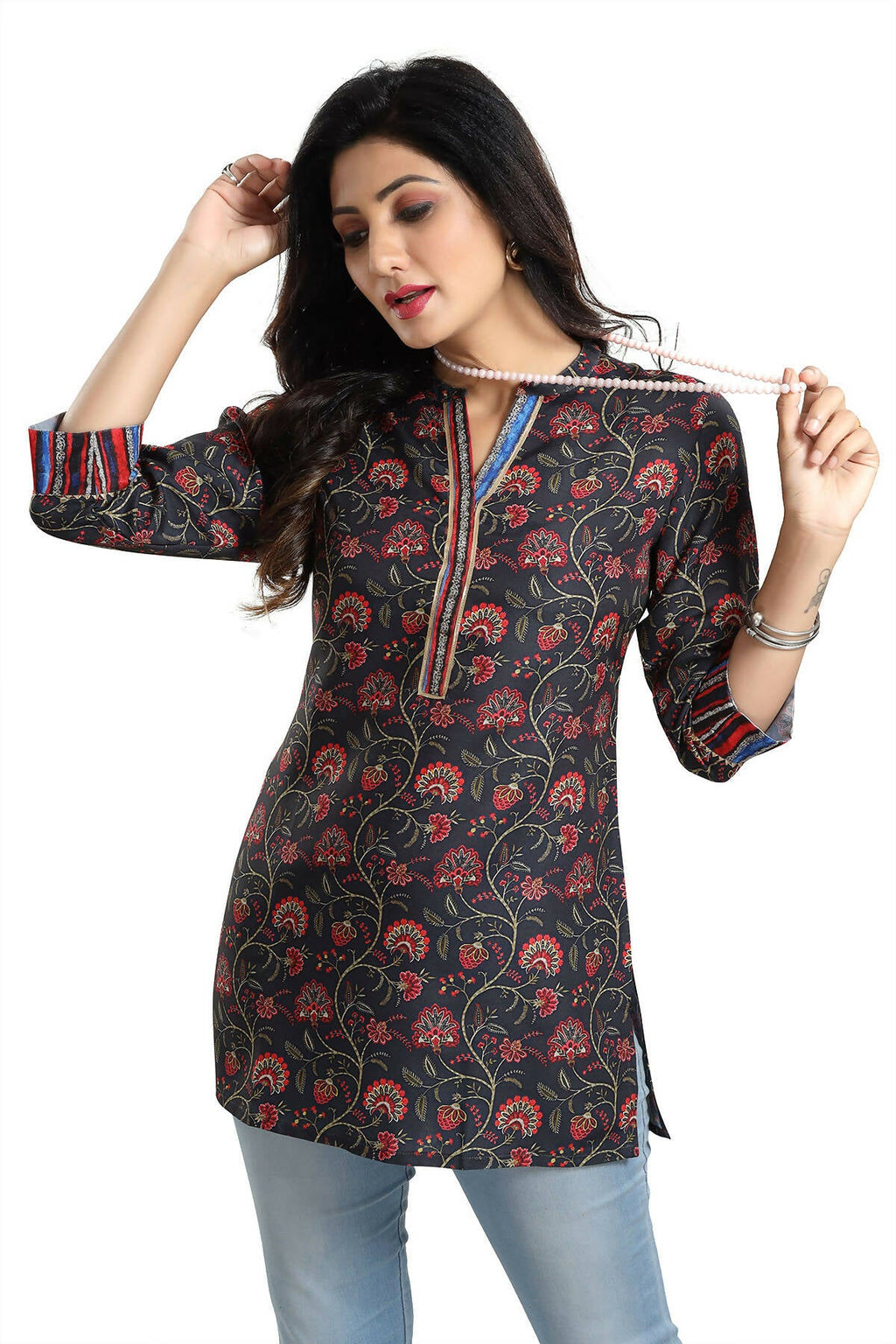 Snehal Creations Blissful Black Rayon Short Kurti Tunic Top | Grocsy