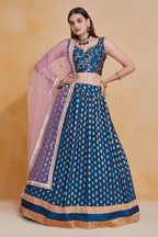 Teal Blue Zari Weaving Work Georgette Banarasi Lehenga Choli - Jihu Culture | Grocsy