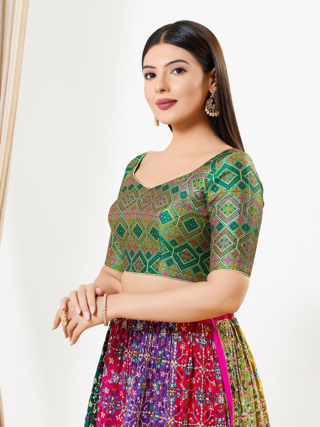Joban Fashion Green Multi Brocade Padded Blouse With Sweetheart Neck Elbow Sleeves | Grocsy