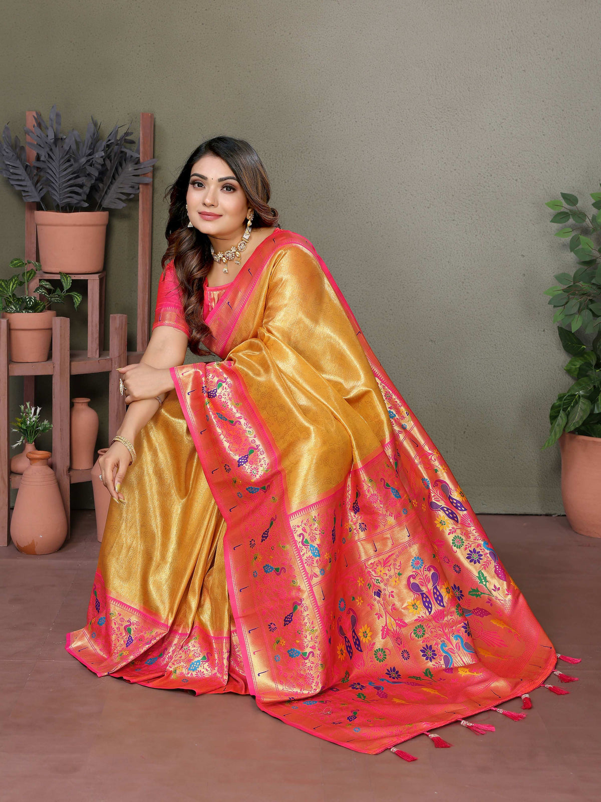 Aastha Fashion Yellow Tissue Silk Paithani Woven Saree | Grocsy