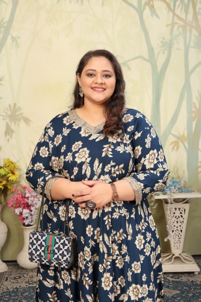 Jyoti Fashion Women's Navy Blue Rayon Floral Print with Sequins Designer Anarkali Set | Grocsy