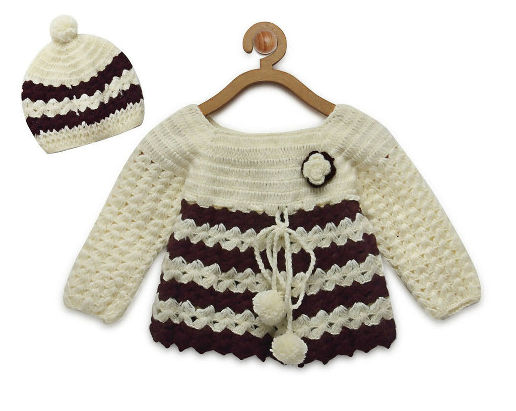 ChutPut Hand knitted Front Open Sweater For Baby Girls with Cap- Cream | Grocsy
