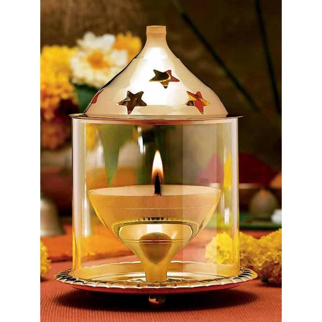 eCraftIndia Brown Brass And Glass Akhand Diya | Grocsy