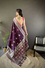 Joban Fashion Wine Elephant & Floral Motifs Soft Lichi Silk Banarasi Saree | Grocsy