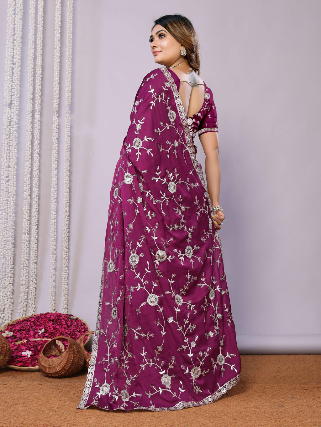 Purple Pure Satin Embroidered Saree With Stitched Blouse - Nimaya Kaksha | Grocsy