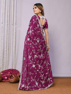 Purple Pure Satin Embroidered Saree With Stitched Blouse - Nimaya Kaksha | Grocsy