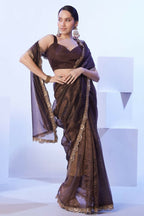 Brown C/H Net Solid Designer & Lace Work Saree - Samaa | Grocsy